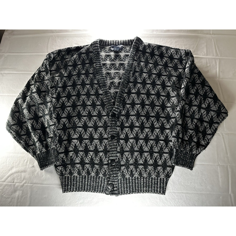 Vintage 80s Intermission Wear Cardigan Sweater Women's L Black Gray Acrylic Kore